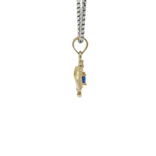 14KT Gold Charm Mini Open Crown Royal Blue Round CZ Stone Center White Baguette CZ Stones Band and Plain Bell