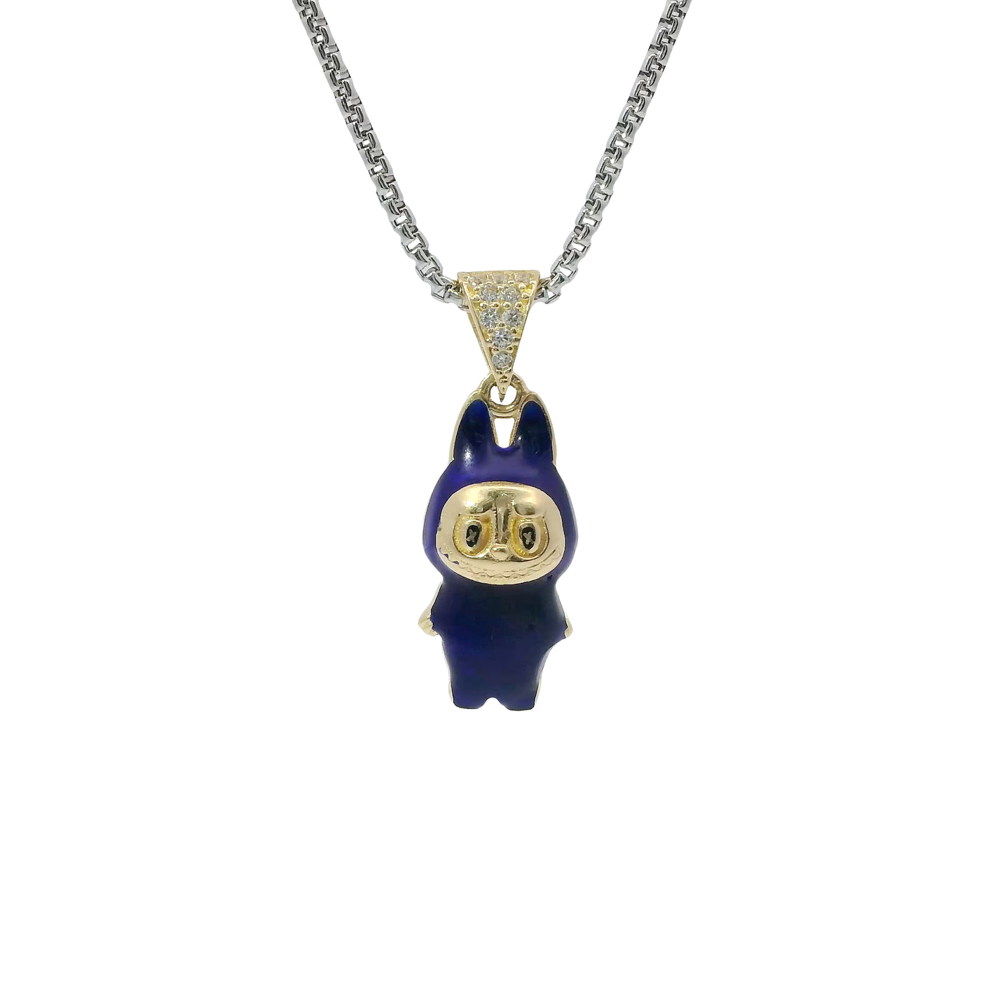 14KT Gold Charm Small 3D Navy Blue Enamel LaBuBu Body and White CZ Stones Bell