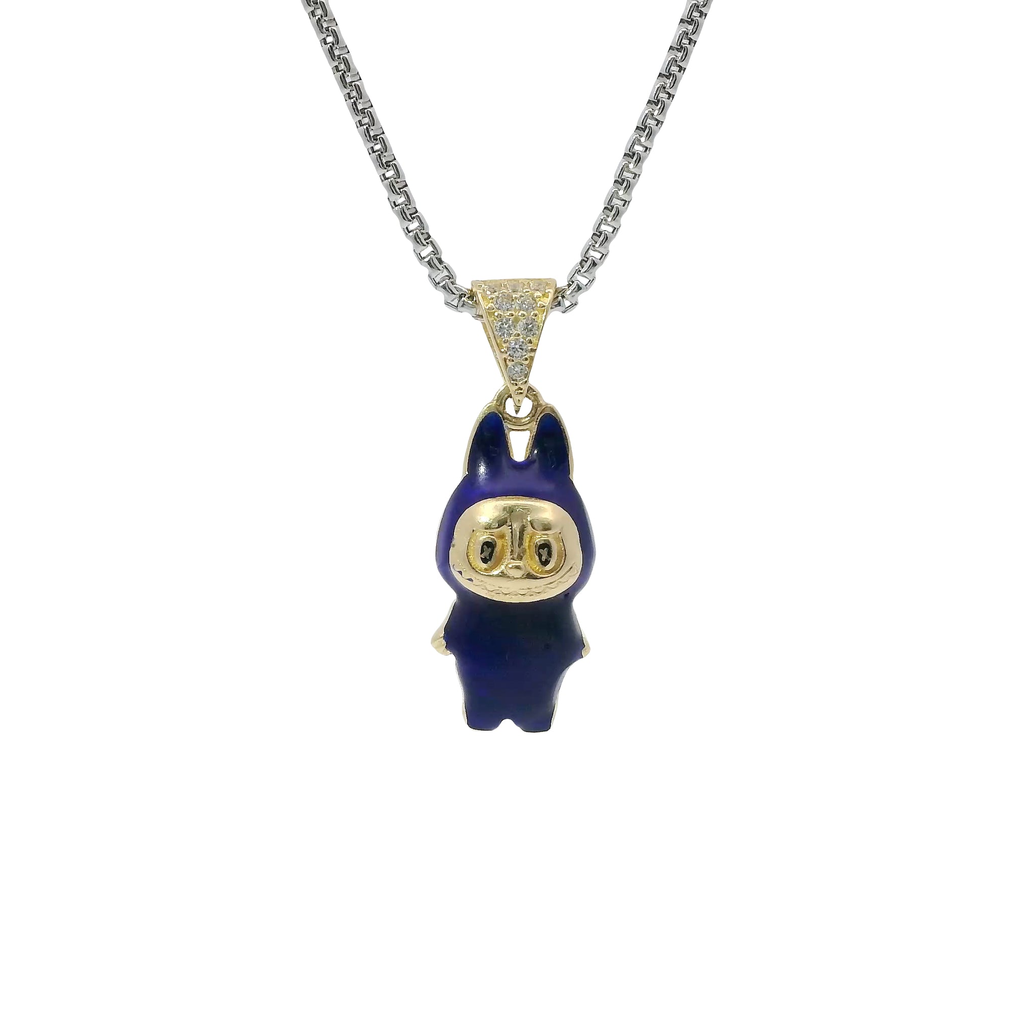 14KT Gold Charm Small 3D Navy Blue Enamel LaBuBu Body and White CZ Stones Bell