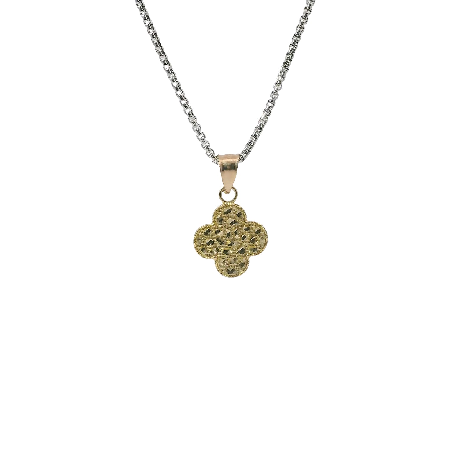 14KT Gold Charm Small Clover Nugget with Beaded Border and Plain Bell
