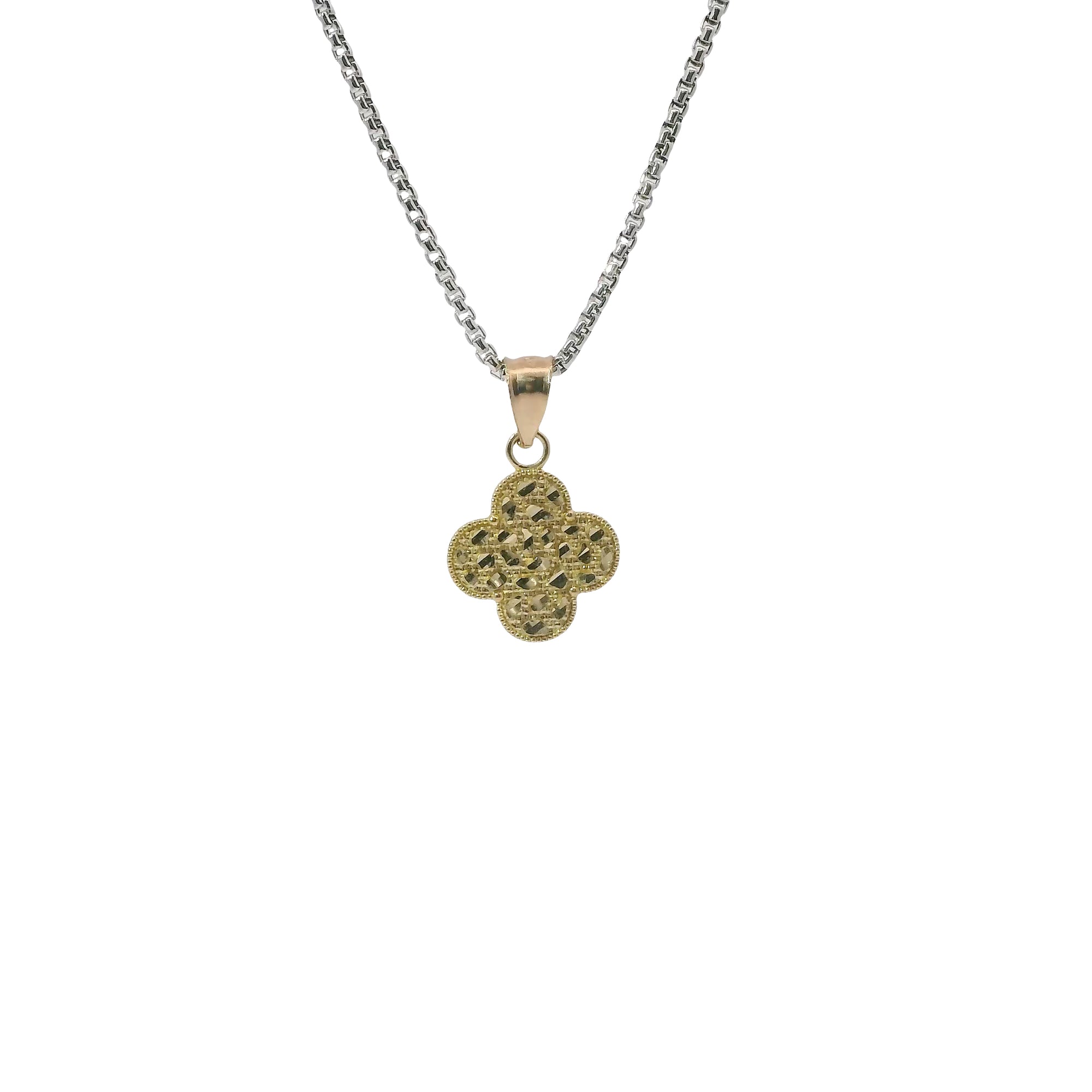 14KT Gold Charm Small Clover Nugget with Beaded Border and Plain Bell