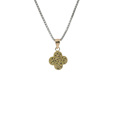14KT Gold Charm Small Clover Nugget with Beaded Border and Plain Bell