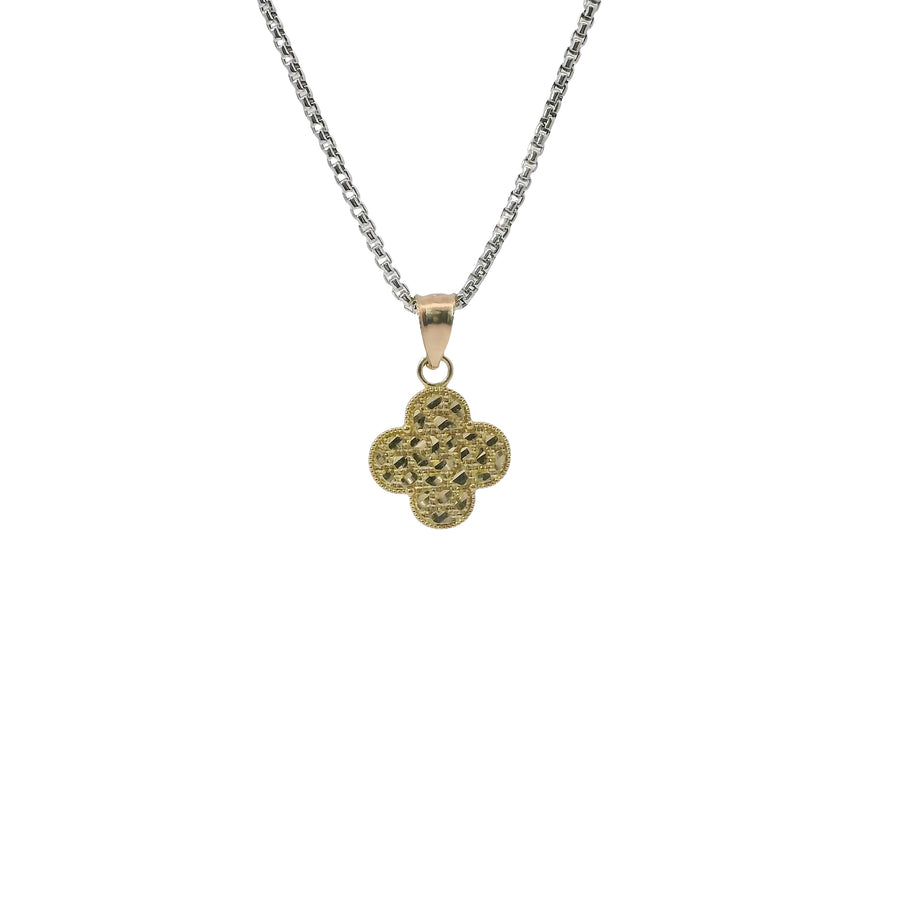 14KT Gold Charm Small Clover Nugget with Beaded Border and Plain Bell