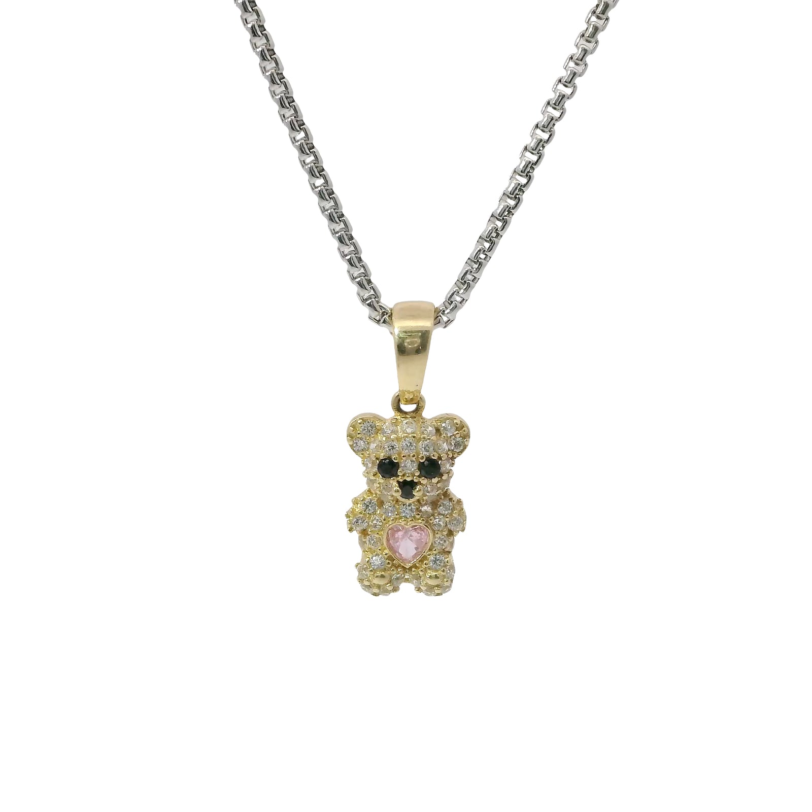 14KT Gold Charm Extra Small White CZ Stones Teddy Bear with Pink Heart Belly and Plain Bell