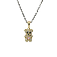 14KT Gold Charm Extra Small White CZ Stones Teddy Bear with Pink Heart Belly and Plain Bell
