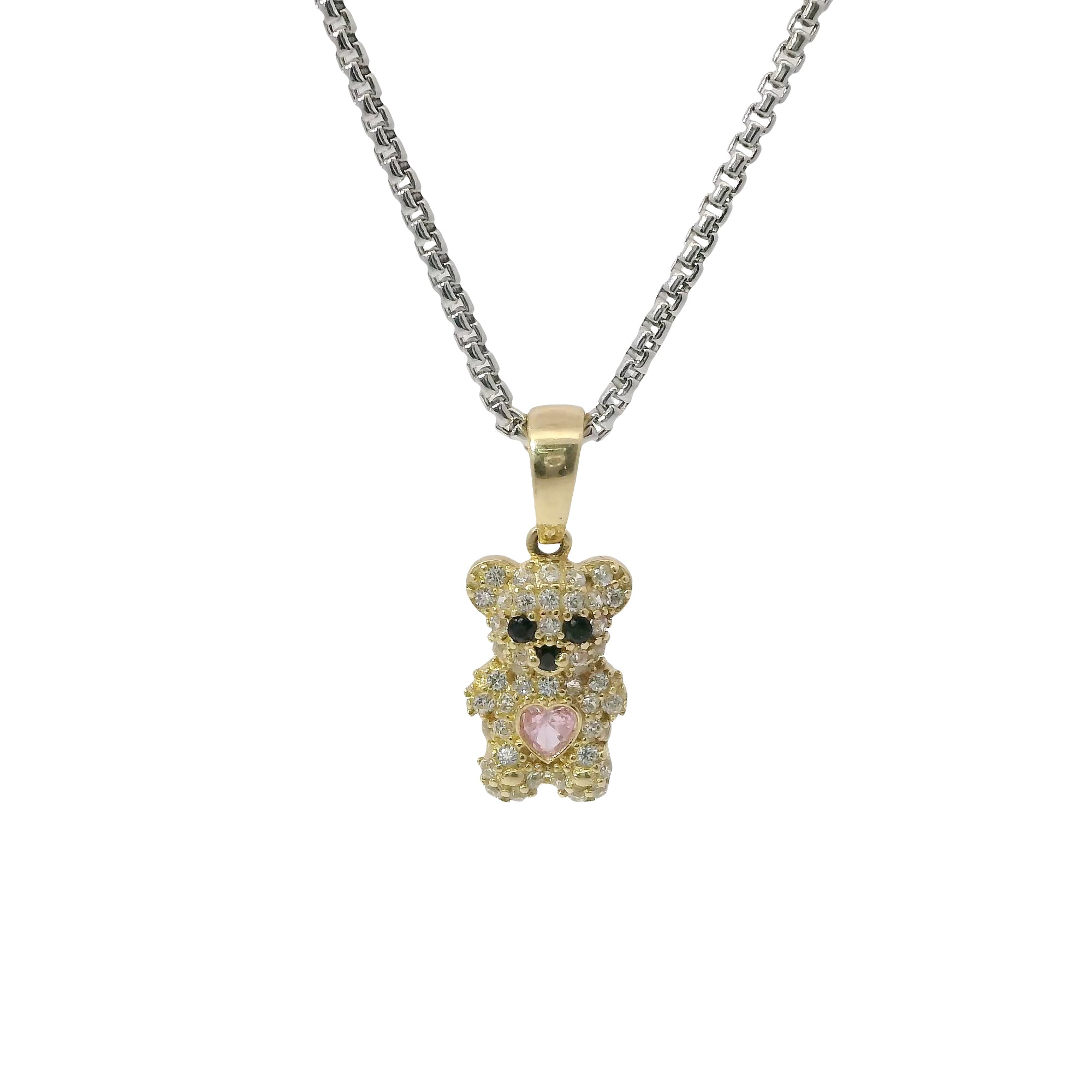 14KT Gold Charm Extra Small White CZ Stones Teddy Bear with Pink Heart Belly and Plain Bell