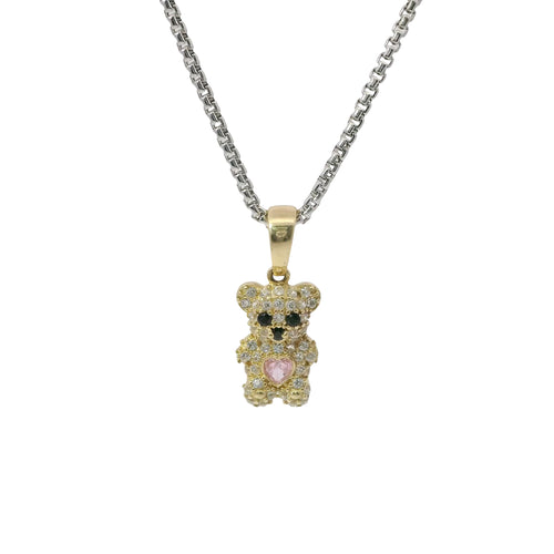 14KT Gold Charm Extra Small White CZ Stones Teddy Bear with Pink Heart Belly and Plain Bell