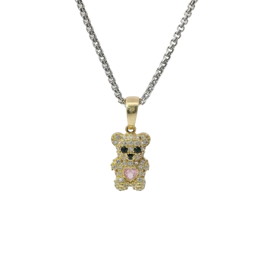 14KT Gold Charm Extra Small White CZ Stones Teddy Bear with Pink Heart Belly and Plain Bell