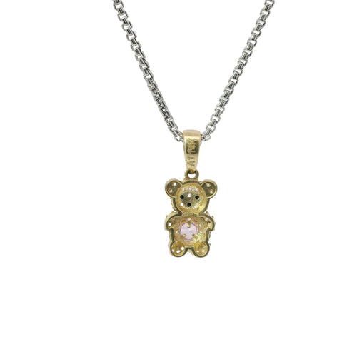 14KT Gold Charm Extra Small White CZ Stones Teddy Bear with Pink Heart Belly and Plain Bell