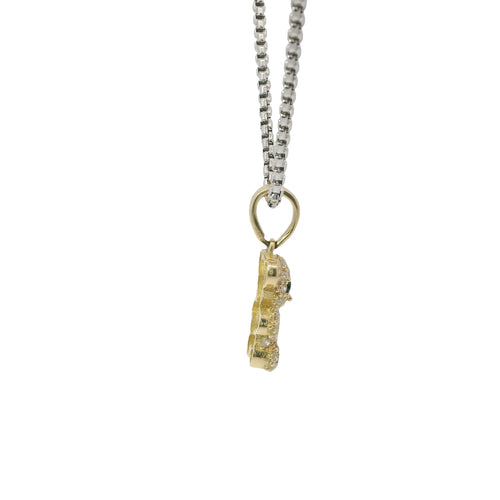 14KT Gold Charm Extra Small White CZ Stones Teddy Bear with Pink Heart Belly and Plain Bell