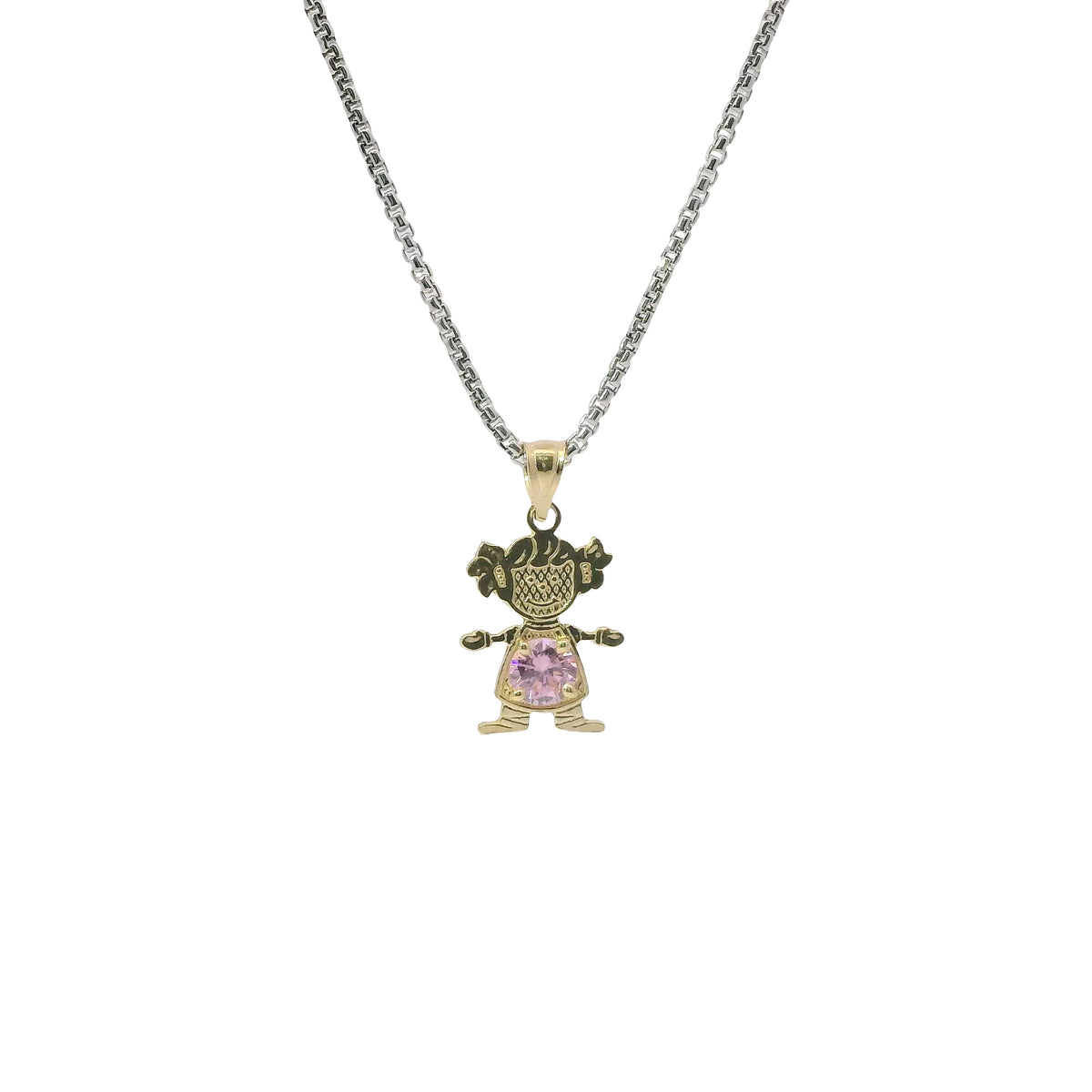 14KT Gold Charm Girl with Pink CZ Stone Belly and Plain Bell
