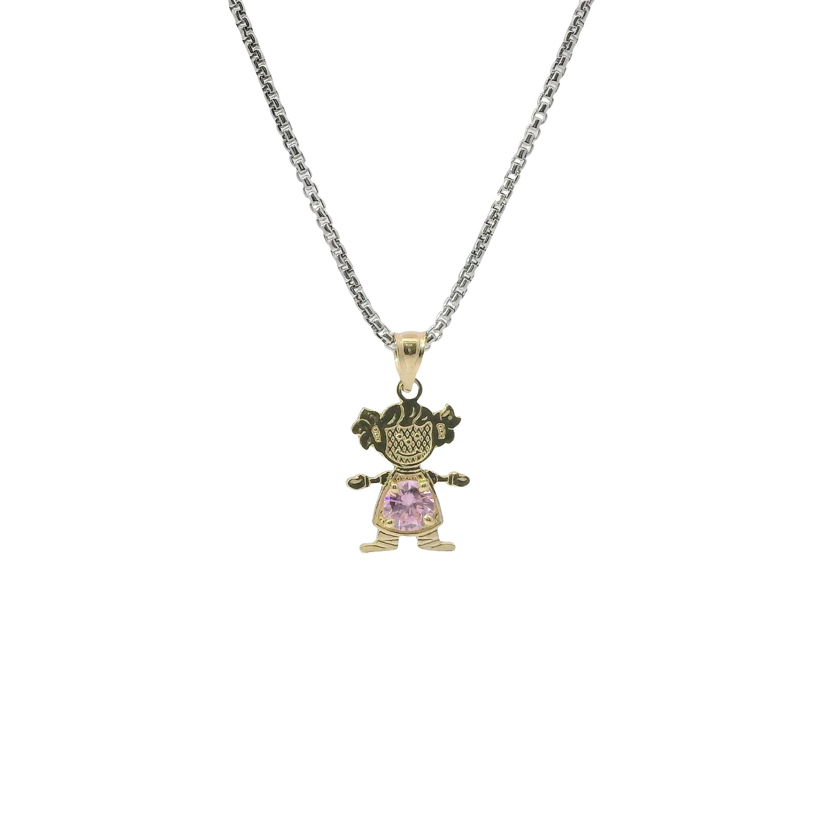 14KT Gold Charm Girl with Pink CZ Stone Belly and Plain Bell