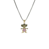 14KT Gold Charm Girl with Pink CZ Stone Belly and Plain Bell