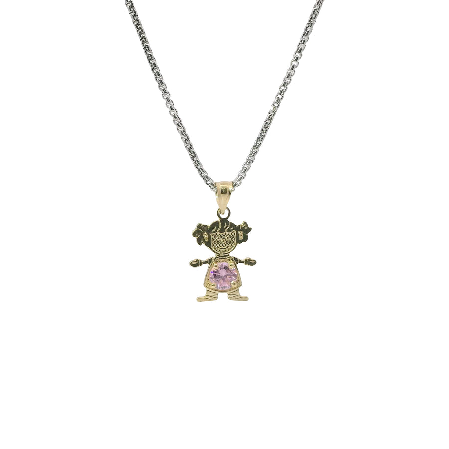 14KT Gold Charm Girl with Pink CZ Stone Belly and Plain Bell