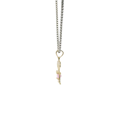 14KT Gold Charm Girl with Pink CZ Stone Belly and Plain Bell