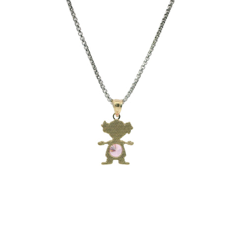 14KT Gold Charm Girl with Pink CZ Stone Belly and Plain Bell
