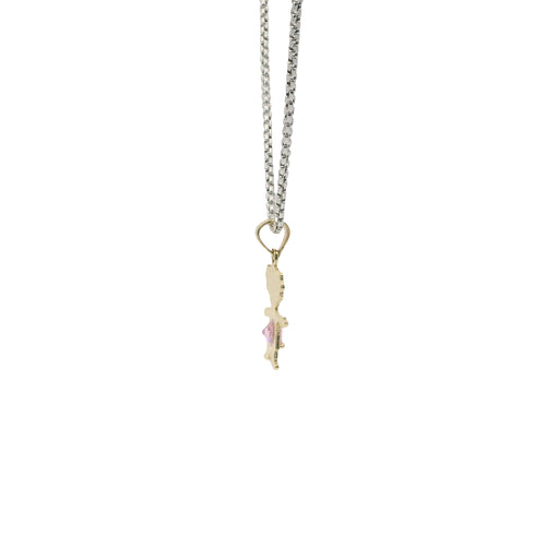 14KT Gold Charm Girl with Pink CZ Stone Belly and Plain Bell