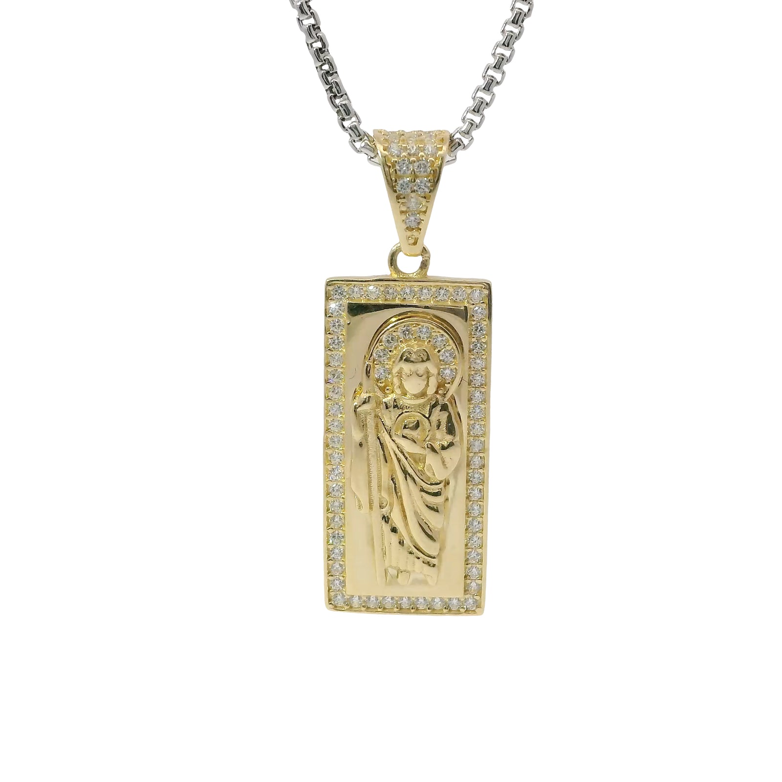 14KT Gold Charm Small St Jude Center with White CZ Stones Halo, Rectangle Border, and Bell
