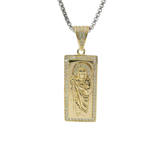 14KT Gold Charm Small St Jude Center with White CZ Stones Halo, Rectangle Border, and Bell