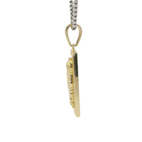 14KT Gold Charm Small St Jude Center with White CZ Stones Halo, Rectangle Border, and Bell