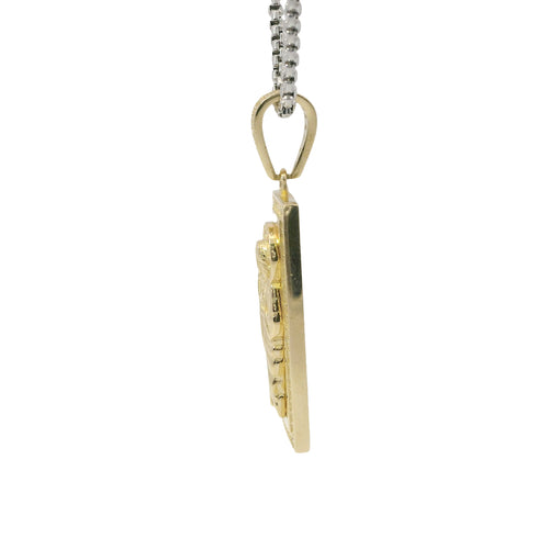 14KT Gold Charm Small St Jude Center with White CZ Stones Halo, Rectangle Border, and Bell