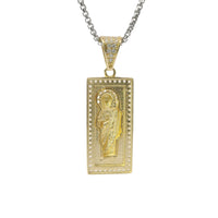 14KT Gold Charm Small St Jude Center with White CZ Stones Halo, Rectangle Border, and Bell