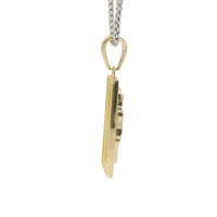 14KT Gold Charm Small St Jude Center with White CZ Stones Halo, Rectangle Border, and Bell