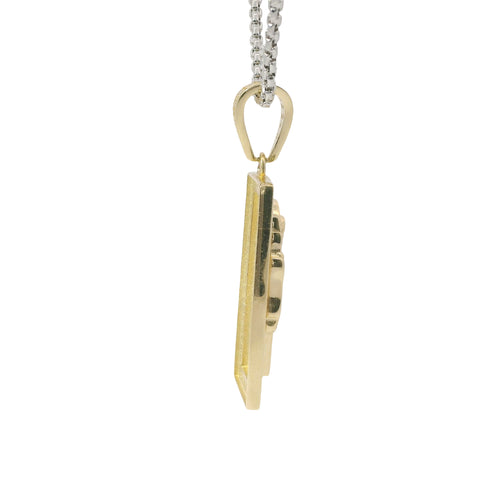 14KT Gold Charm Small St Jude Center with White CZ Stones Halo, Rectangle Border, and Bell
