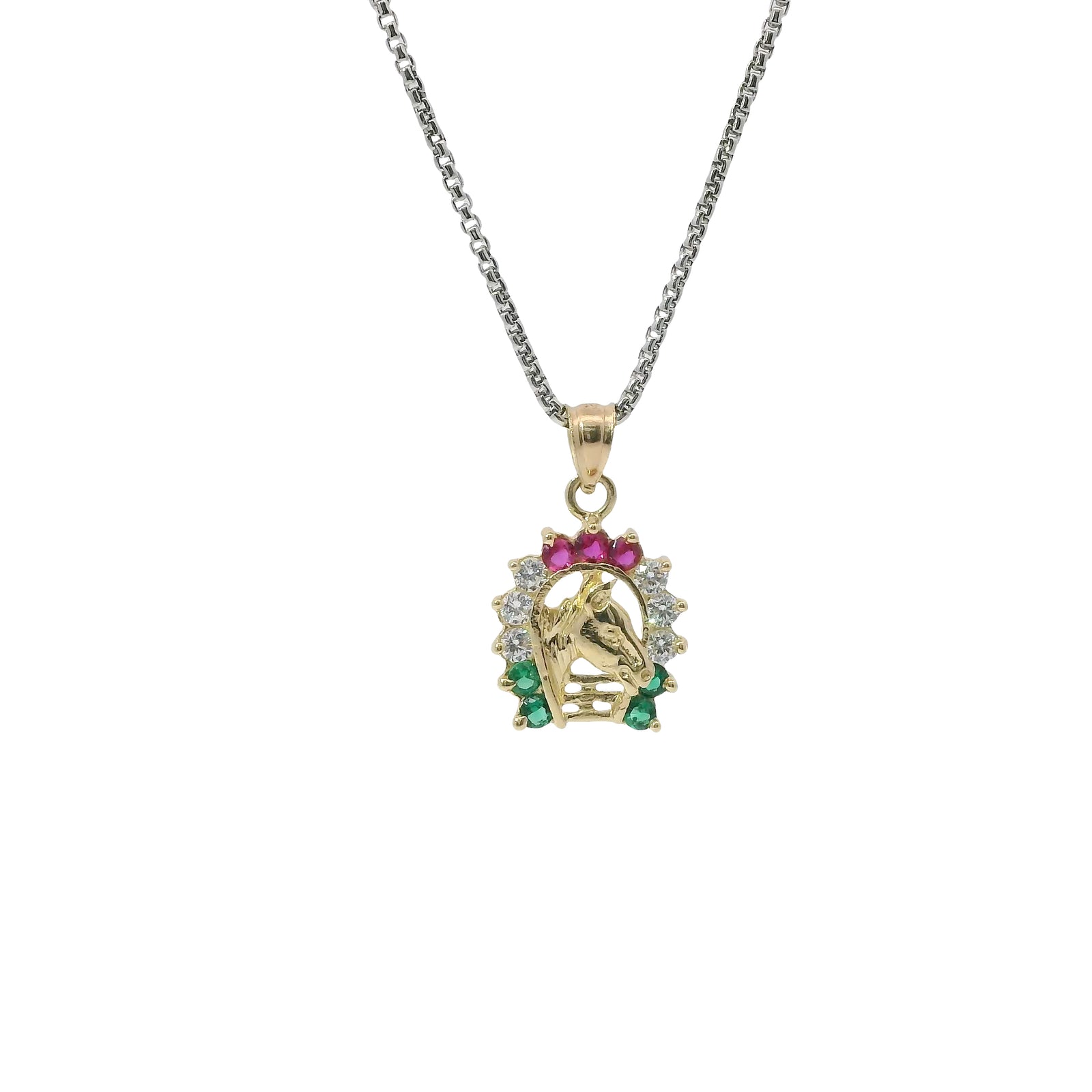 14KT Gold Charm Small Horsehead Center with Red, White, and Green CZ Stones Horseshoe Border and Plain Bell