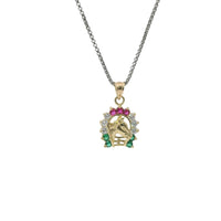 14KT Gold Charm Small Horsehead Center with Red, White, and Green CZ Stones Horseshoe Border and Plain Bell