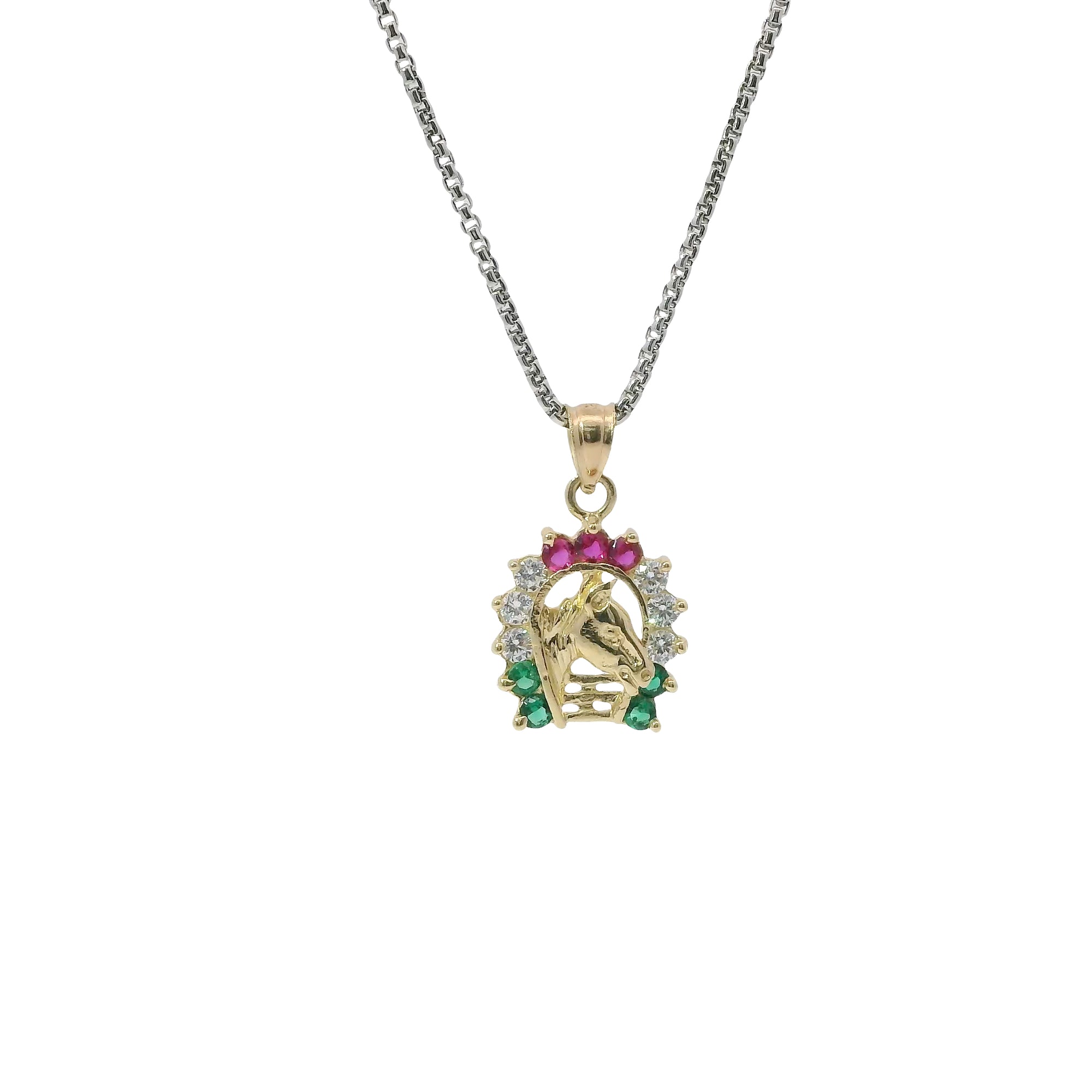 14KT Gold Charm Small Horsehead Center with Red, White, and Green CZ Stones Horseshoe Border and Plain Bell