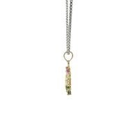 14KT Gold Charm Small Horsehead Center with Red, White, and Green CZ Stones Horseshoe Border and Plain Bell