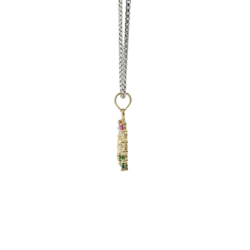 14KT Gold Charm Small Horsehead Center with Red, White, and Green CZ Stones Horseshoe Border and Plain Bell