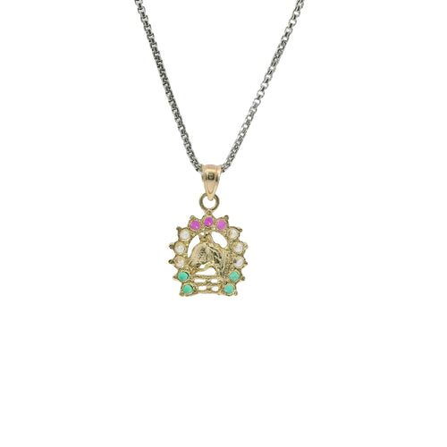 14KT Gold Charm Small Horsehead Center with Red, White, and Green CZ Stones Horseshoe Border and Plain Bell