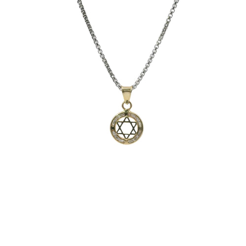 14KT Gold Charm Mini Round Open Star of David Center with White CZ Stone Border and Plain Bell