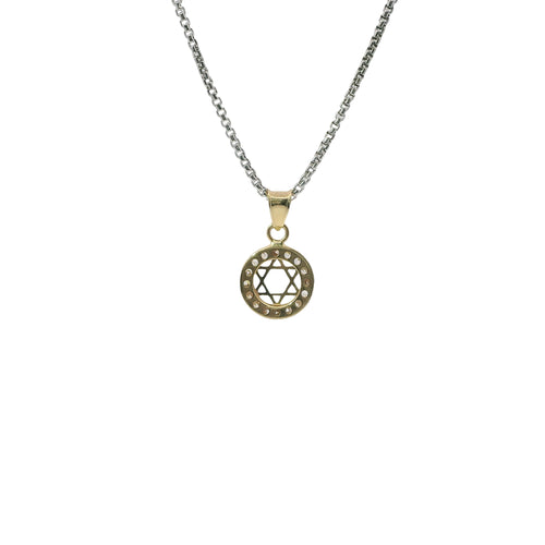 14KT Gold Charm Mini Round Open Star of David Center with White CZ Stone Border and Plain Bell