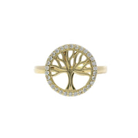 14KT Gold Ring Women's Mini Round Tree of Life White CZ Stone Border Plain Band