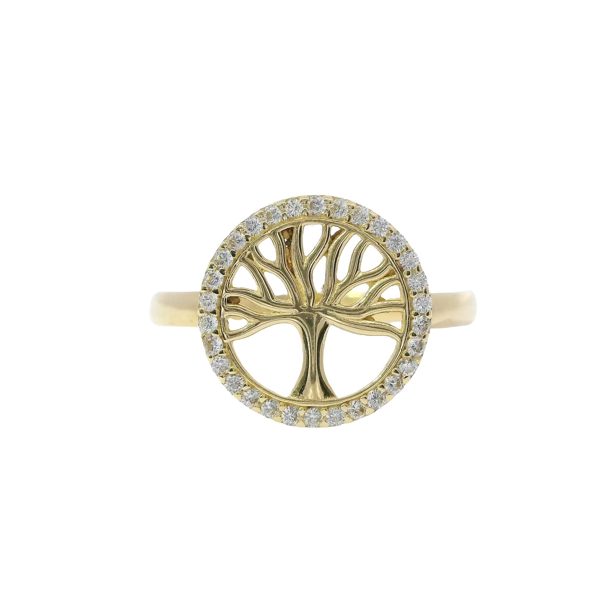 14KT Gold Ring Women's Mini Round Tree of Life White CZ Stone Border Plain Band