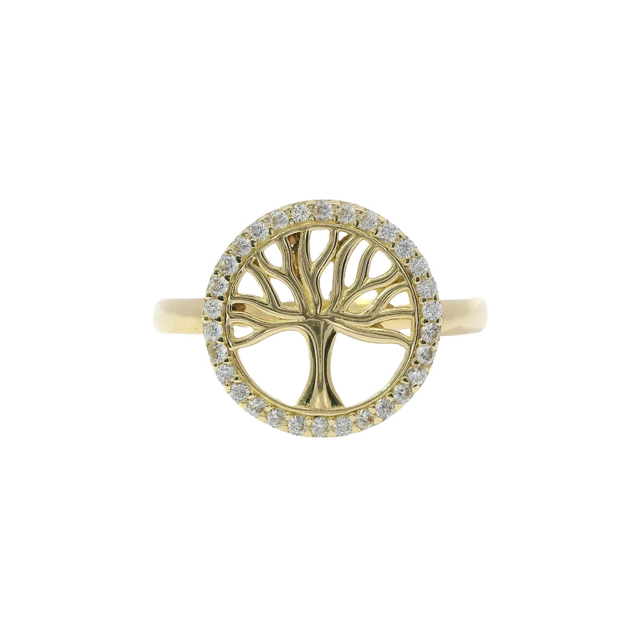 14KT Gold Ring Women's Mini Round Tree of Life White CZ Stone Border Plain Band