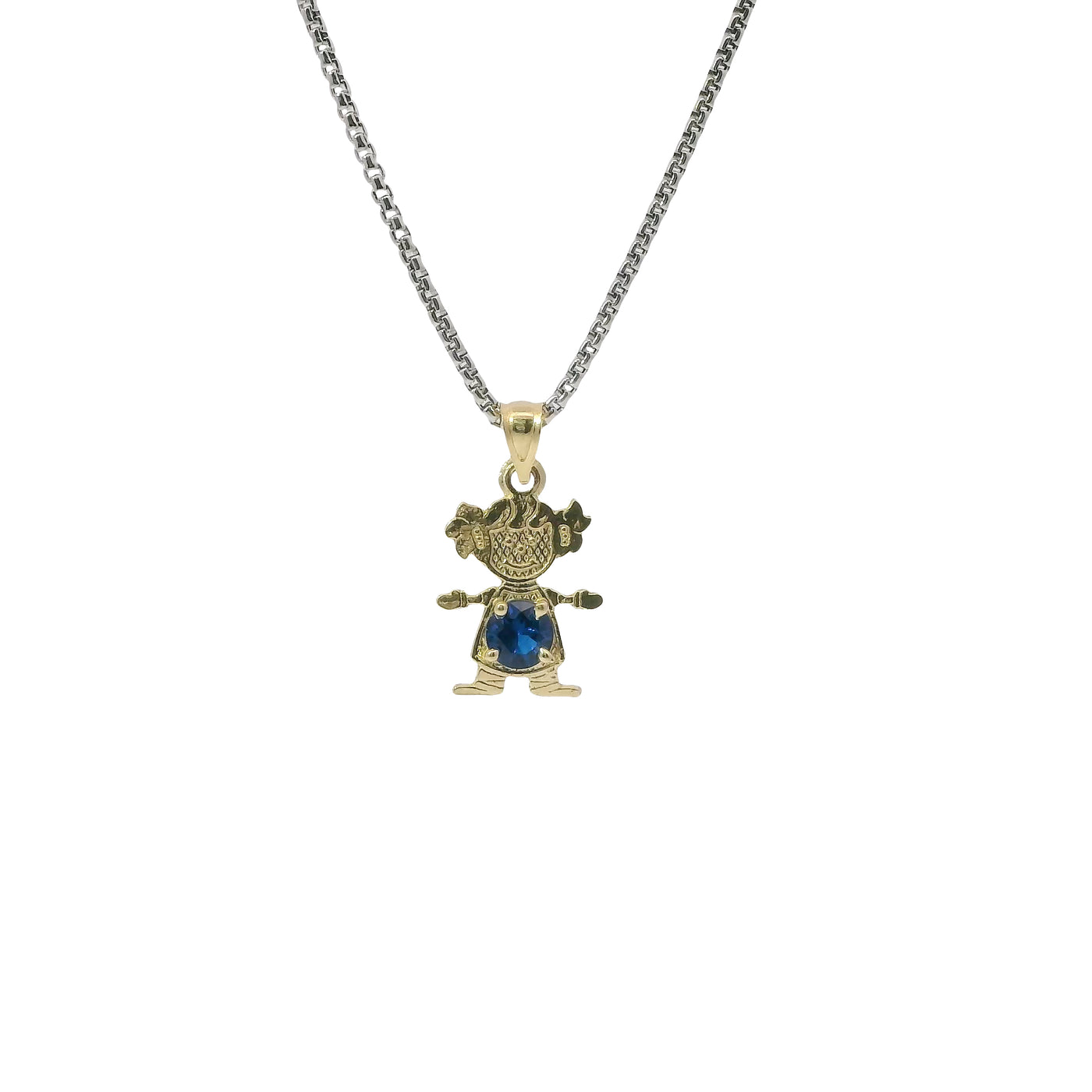 14KT Gold Charm Girl with Royal Blue CZ Stone Belly and Plain Bell
