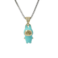 14KT Gold Charm Small 3D Turquoise Enamel LaBuBu Body and White CZ Stones Bell