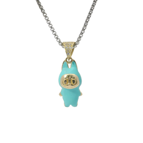 14KT Gold Charm Small 3D Turquoise Enamel LaBuBu Body and White CZ Stones Bell
