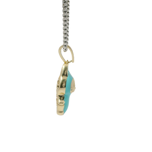 14KT Gold Charm Small 3D Turquoise Enamel LaBuBu Body and White CZ Stones Bell
