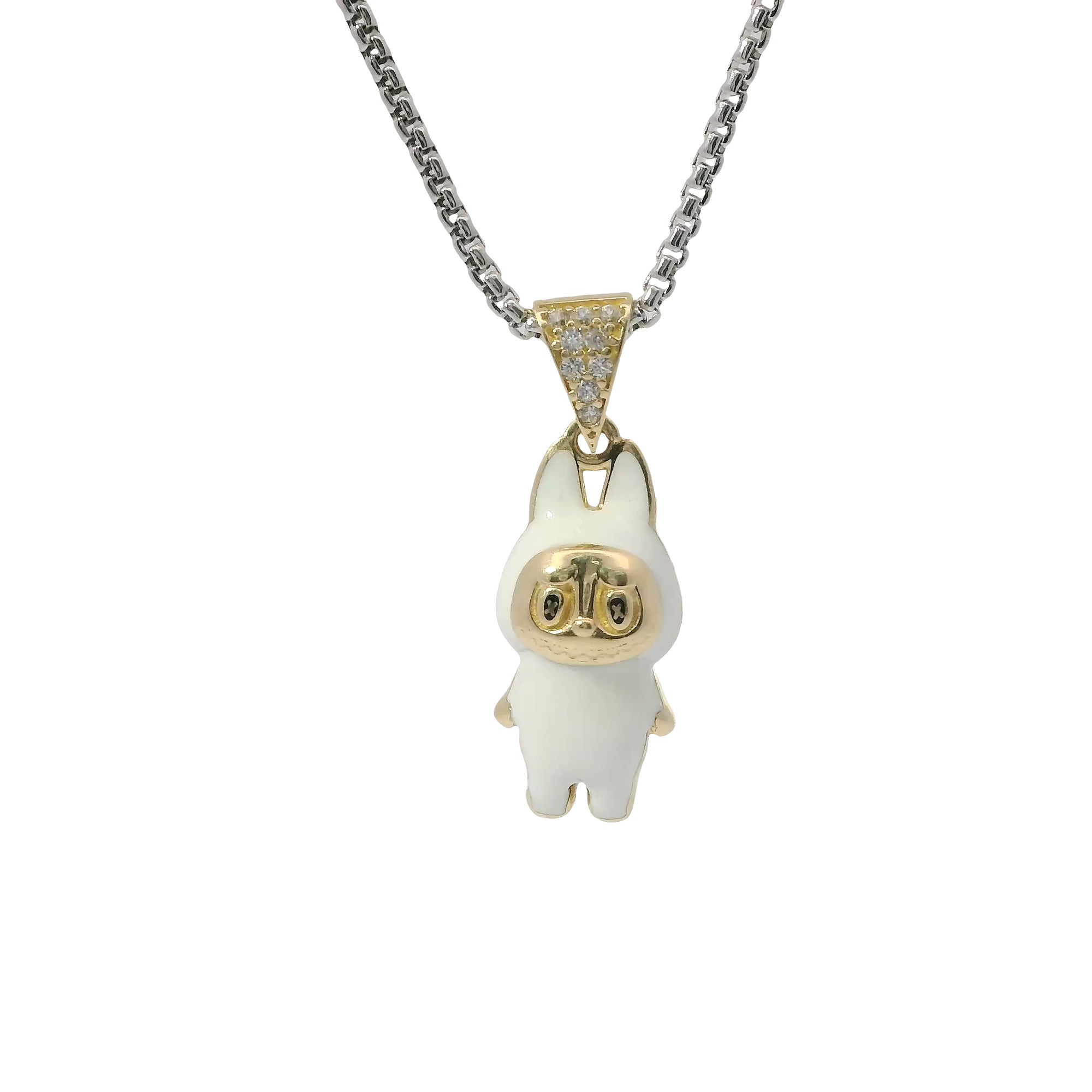 14KT Gold Charm Small 3D White Enamel LaBuBu Body and White CZ Stones Bell