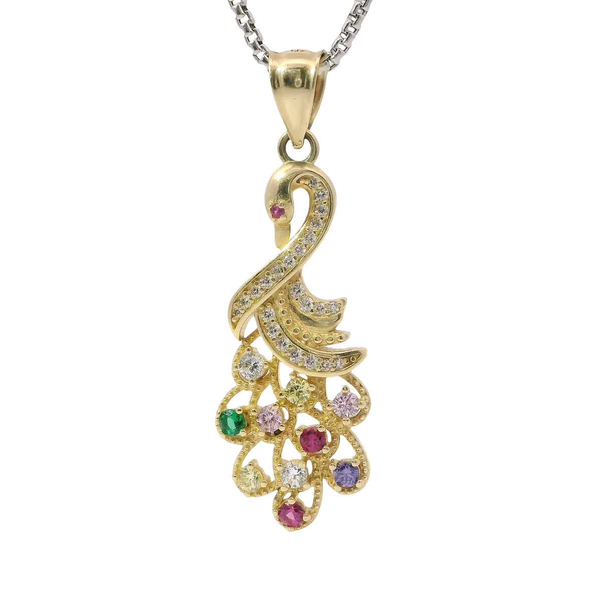 14KT Gold Charm Peacock with Multicolor CZ Stones Tail White CZ Stones Body and Dark Pink CZ Stone Eye and Plain Bell