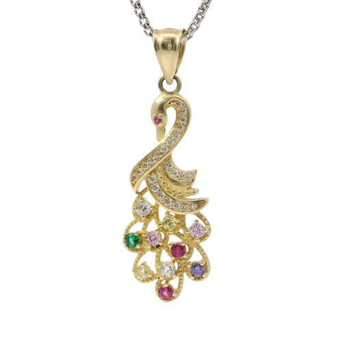 14KT Gold Charm Peacock with Multicolor CZ Stones Tail White CZ Stones Body and Dark Pink CZ Stone Eye and Plain Bell