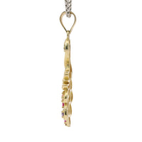 14KT Gold Charm Peacock with Multicolor CZ Stones Tail White CZ Stones Body and Dark Pink CZ Stone Eye and Plain Bell
