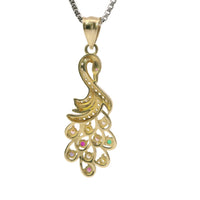 14KT Gold Charm Peacock with Multicolor CZ Stones Tail White CZ Stones Body and Dark Pink CZ Stone Eye and Plain Bell