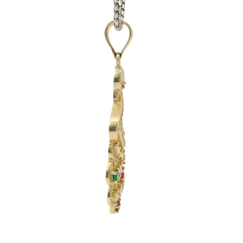 14KT Gold Charm Peacock with Multicolor CZ Stones Tail White CZ Stones Body and Dark Pink CZ Stone Eye and Plain Bell