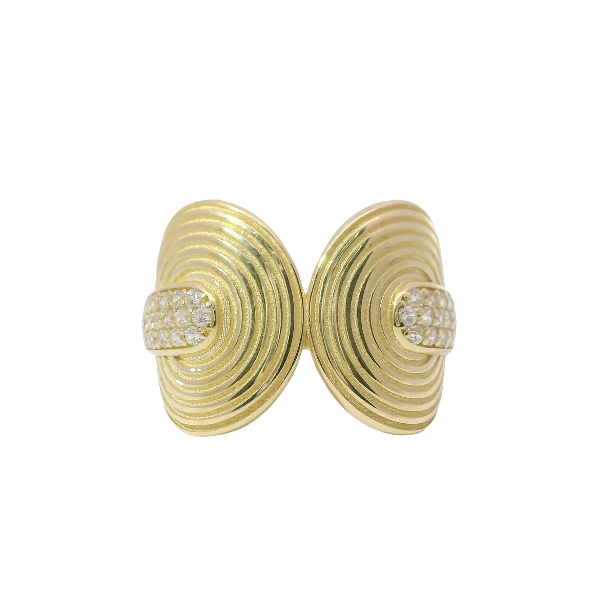 14KT Gold Ring Women's Abstract Music Record Split Band with White CZ Stone Ends